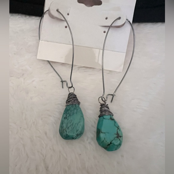 Long Turquoise Dangle Gunmetal Wire Wrapped Earrings - Picture 2 of 4